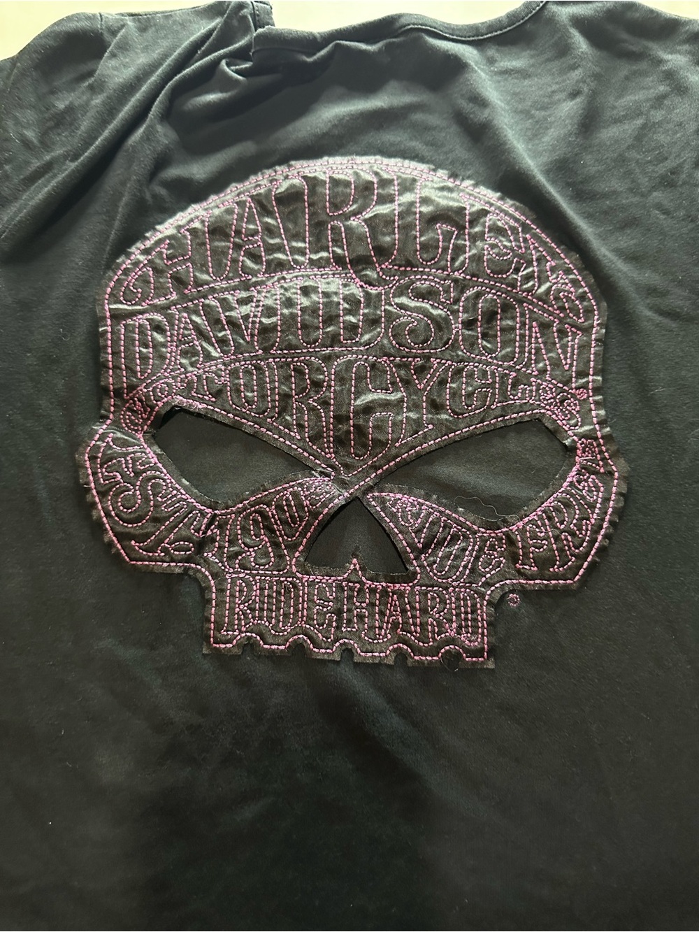 Harley-Davidson Black V-Neck Tee with Pink Accents and opening in the back. - Picture 4 of 11